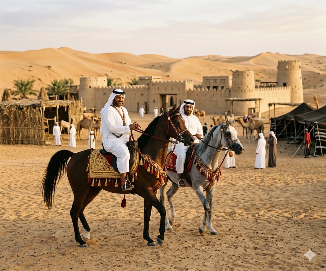 Emirati riders on Arabian horses in the UAE desert